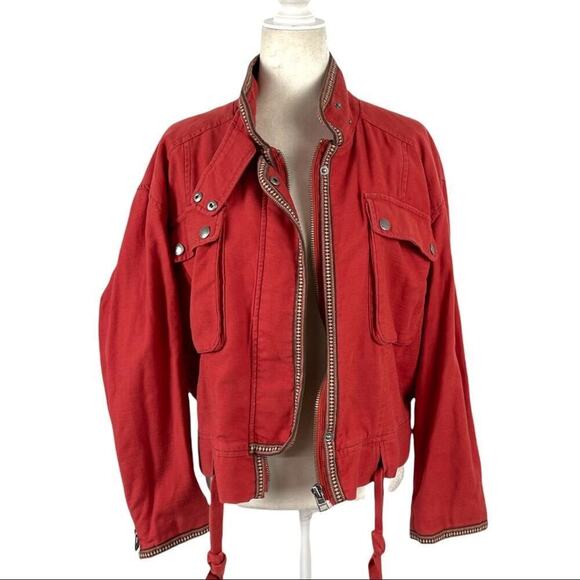Free People Flight Line Oversized Military Red Bomber Jacket Size XS Embroidered - Picture 4 of 16